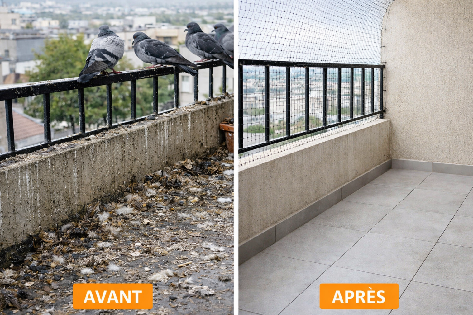 Balcon avant et après dépigeonnage à Pornic avec pose de filet anti-pigeon et nettoyage complet