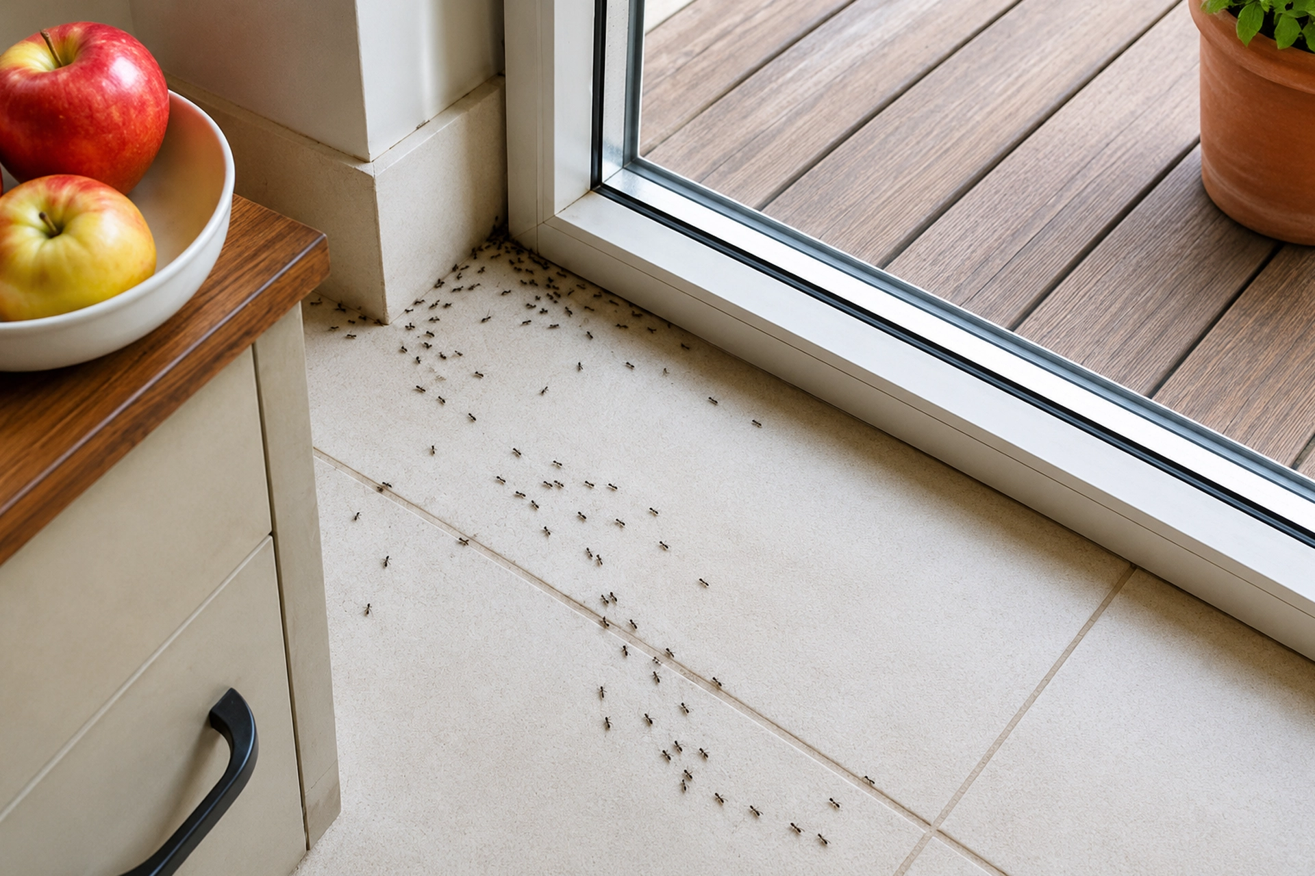 Files de fourmis envahissant une cuisine avant un traitement professionnel