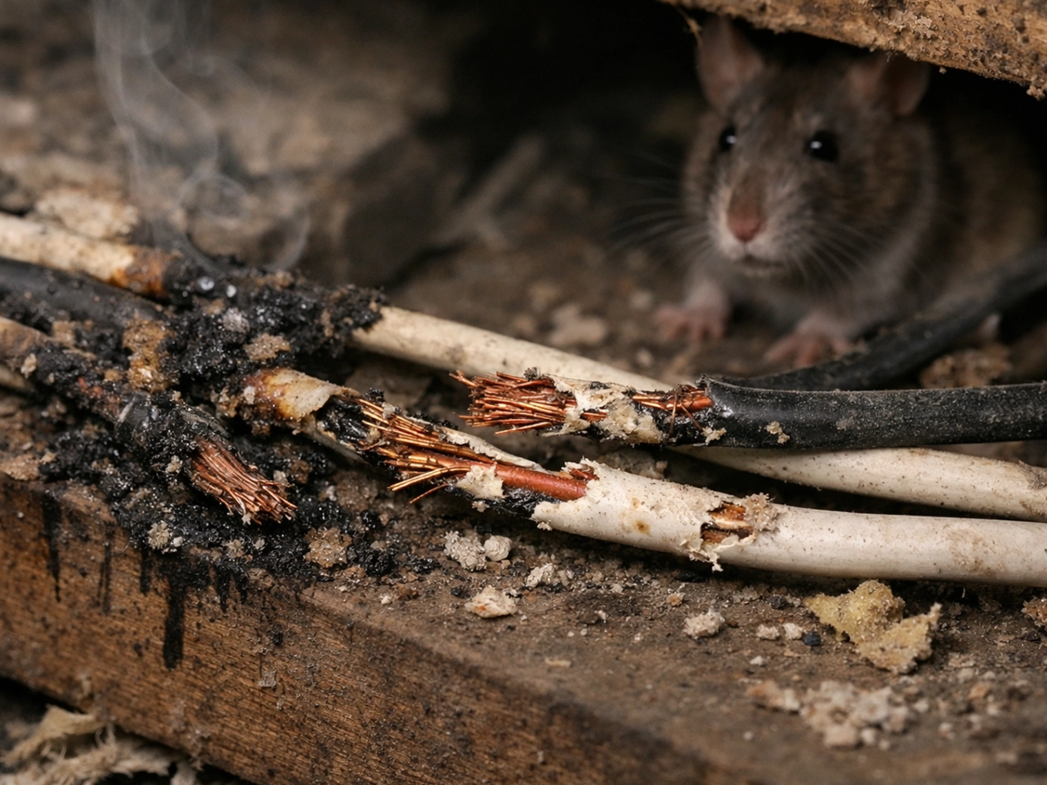Câbles électriques endommagés par des rats révélant une infestation de rongeurs à Saint-Nazaire