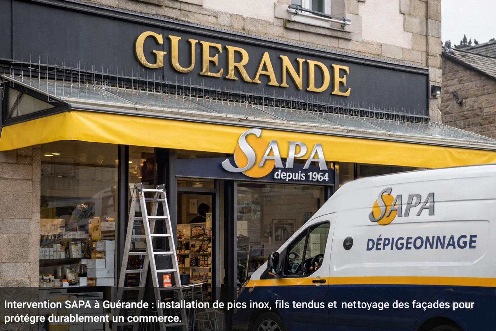 Dépigeonnage d’un commerce à Guérande avec pics inox et fils tendus – SAPA
