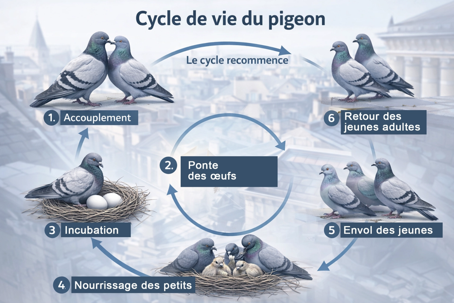 Illustration du cycle de vie et de la reproduction des pigeons