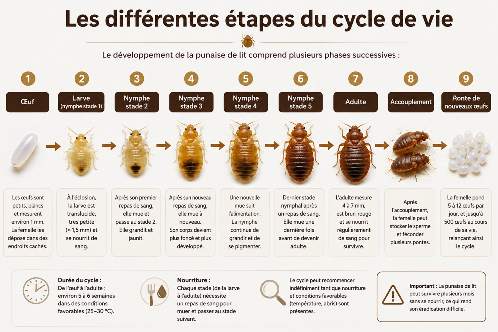 Illustration du cycle biologique complet de la punaise de lit présentant les différentes étapes de développement