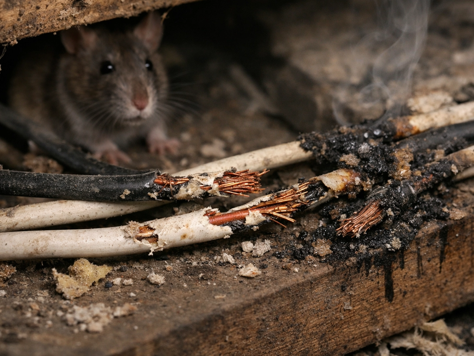 Câbles électriques détériorés par des rats dans une maison