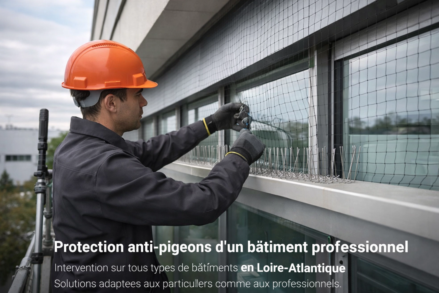 Technicien installant une protection anti-pigeons sur un bâtiment professionnel
