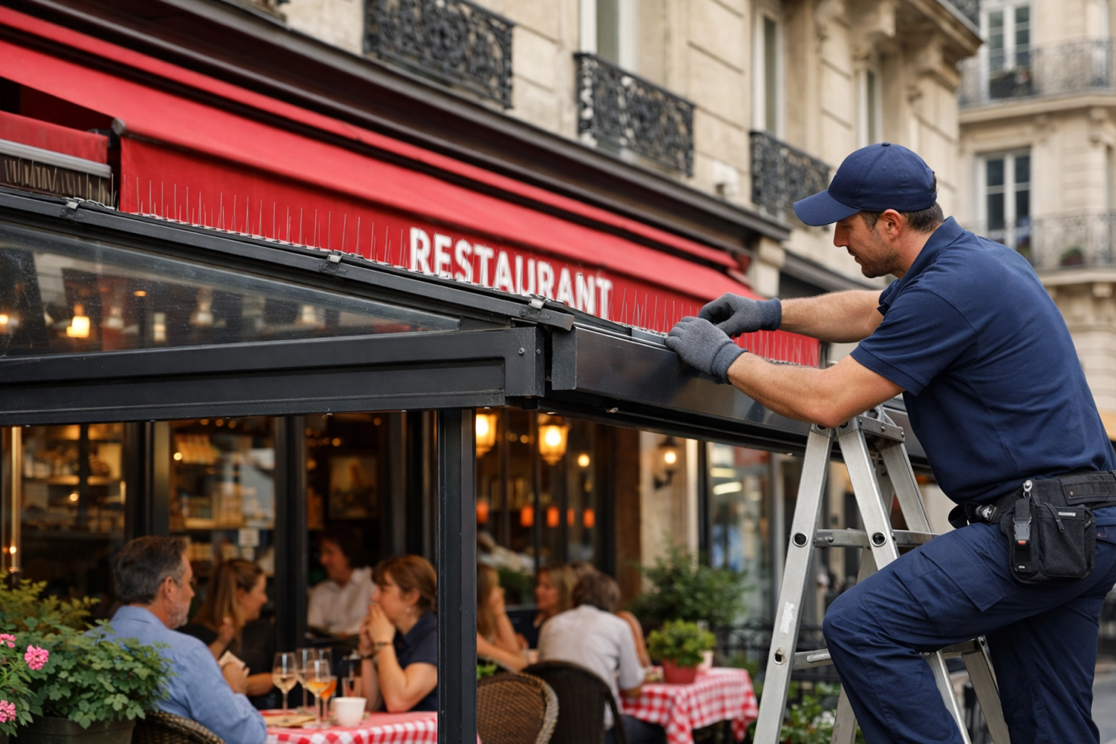 Protection anti-pigeons au-dessus d'une terrasse de restaurant