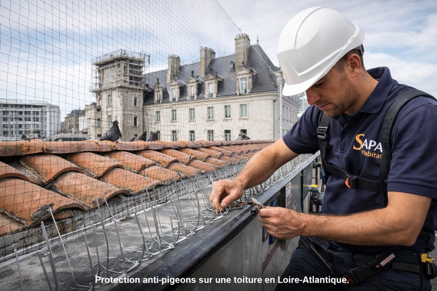Entreprise de dépigeonnage en Loire-Atlantique protégeant une toiture contre les pigeons