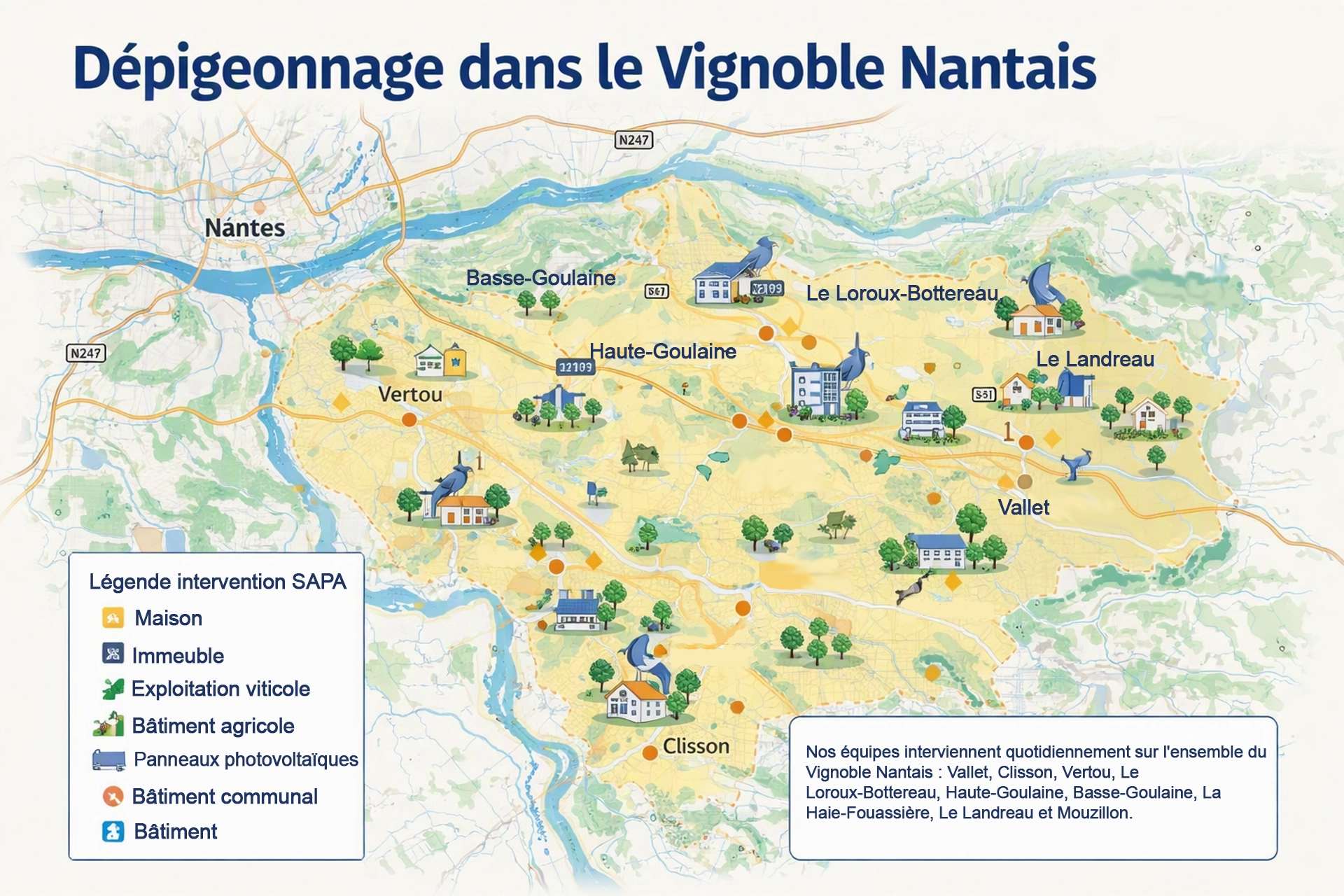 Carte géographique réaliste du dépigeonnage SAPA dans le Vignoble Nantais autour de Vallet