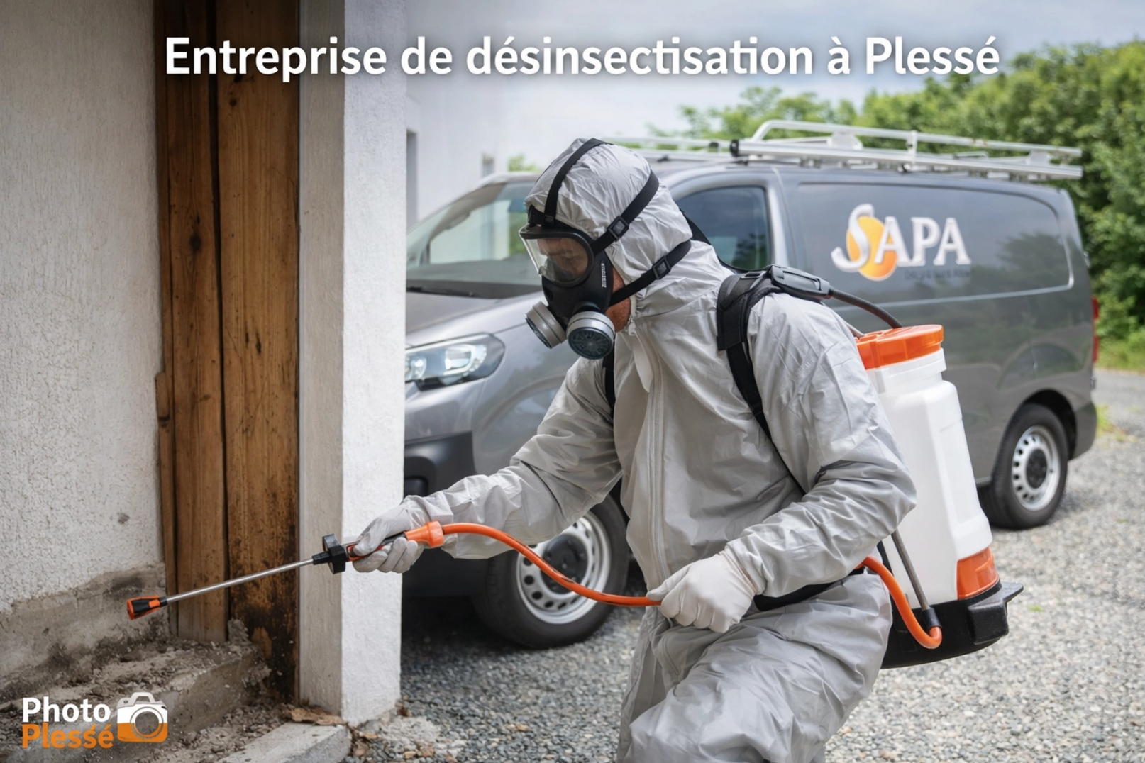 Technicien réalisant un traitement anti nuisibles à Plessé