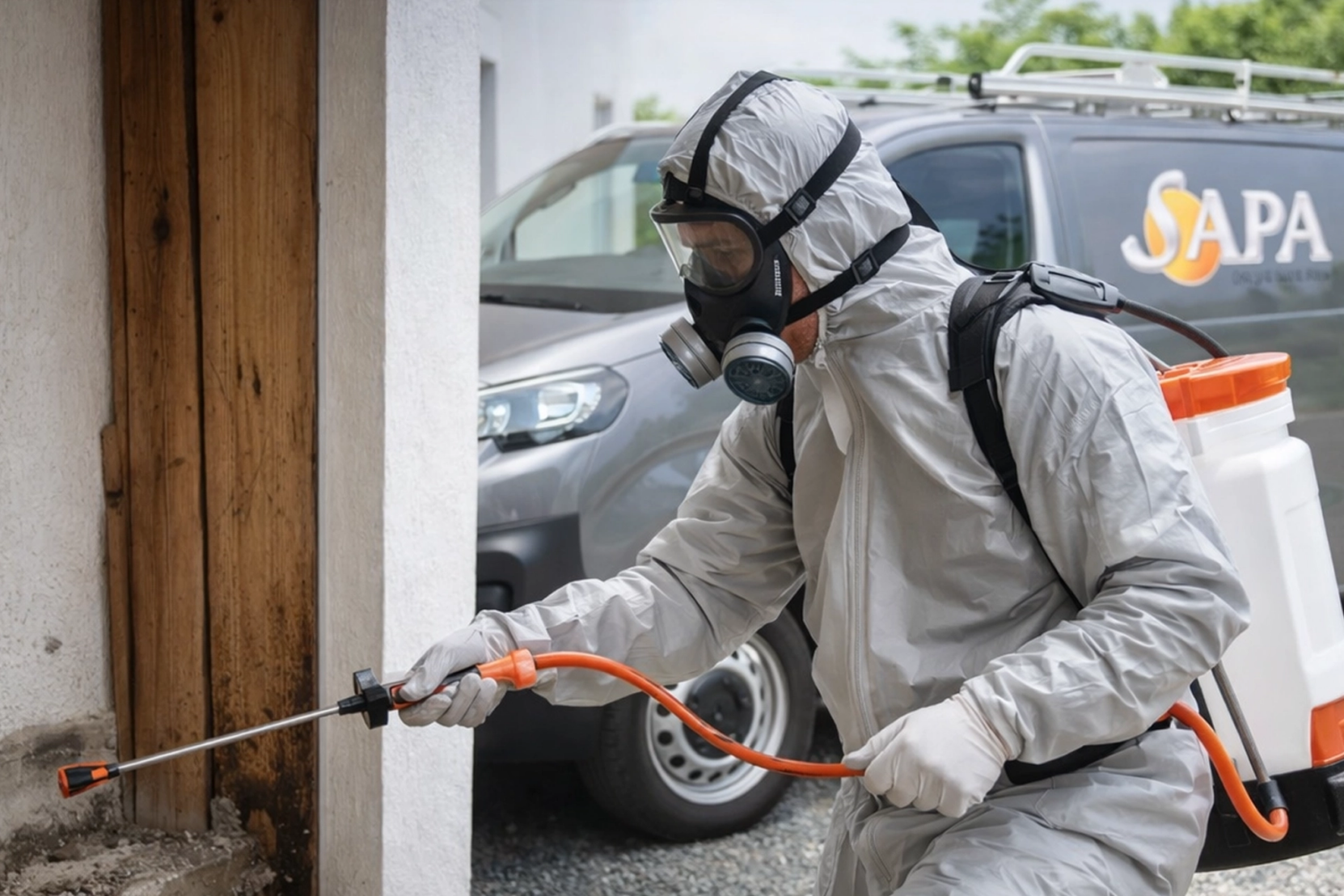 Technicien SAPA réalisant une intervention de désinsectisation à Sautron contre les fourmis, guêpes et insectes des jardins