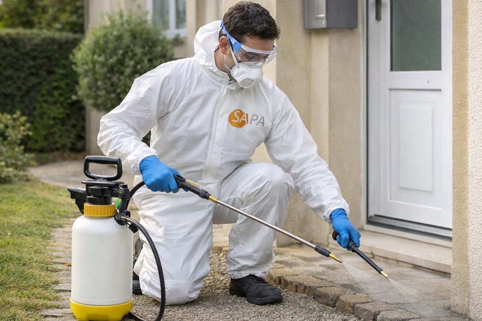 Technicien SAPA réalisant une intervention de désinsectisation à Thouaré-sur-Loire contre les insectes nuisibles dans une habitation