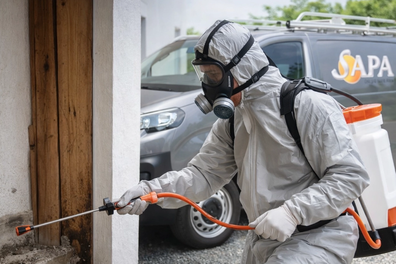 Technicien SAPA réalisant un diagnostic de désinsectisation dans un bâtiment à Vallet avant une intervention contre les nuisibles.