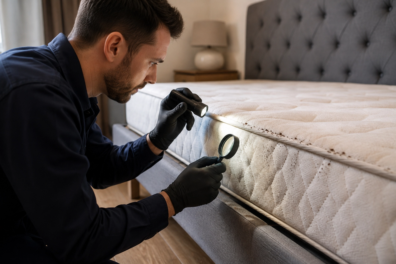 Expert réalisant un diagnostic de punaises de lit sur un matelas et un sommier