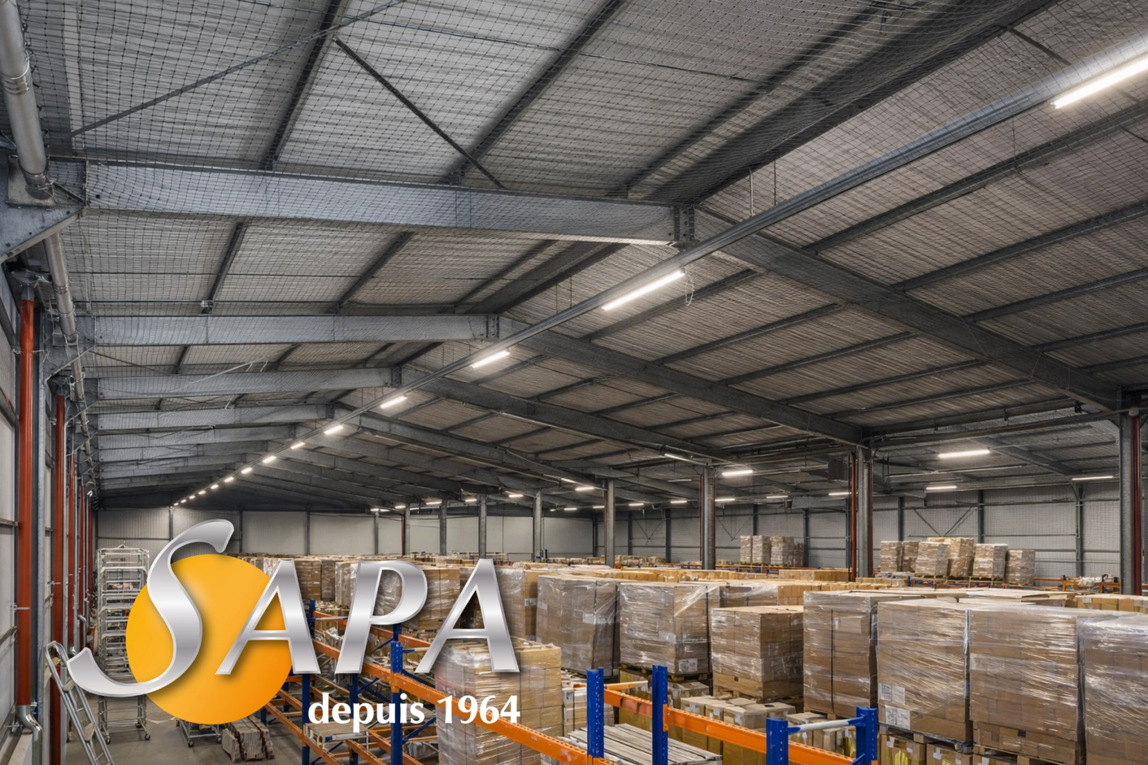Installation de filets anti‑volatiles dans un entrepôt logistique à Saint‑Nazaire par SAPA.