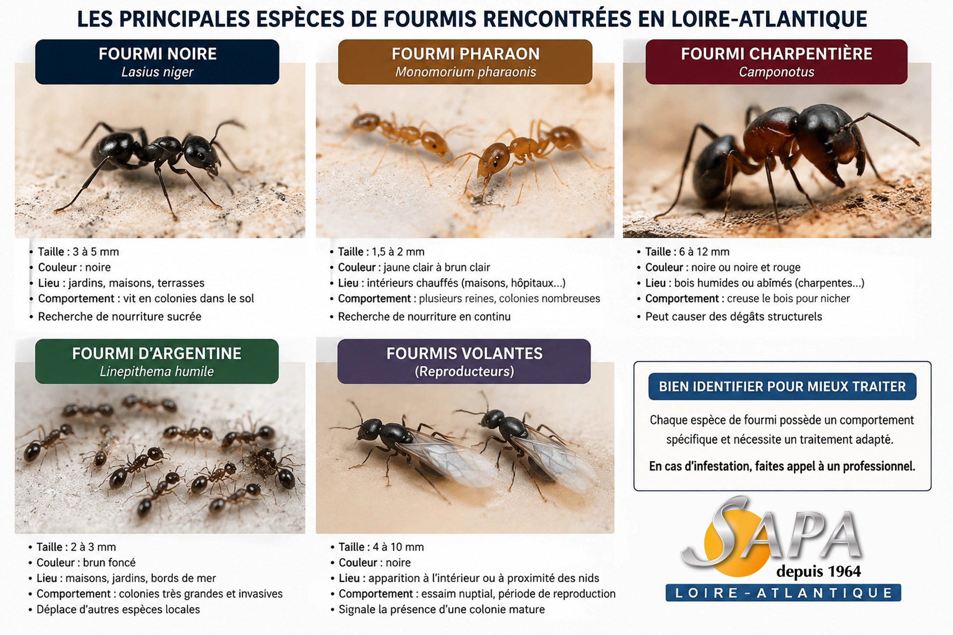 Comparatif des différentes espèces de fourmis traitées par SAPA en Loire-Atlantique