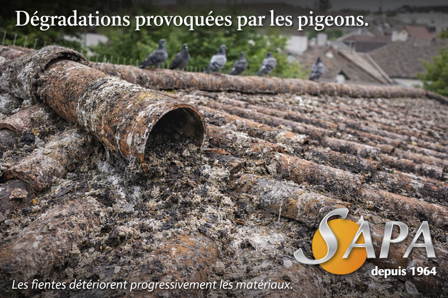 Accumulation de fientes de pigeons sur une toiture en Loire-Atlantique