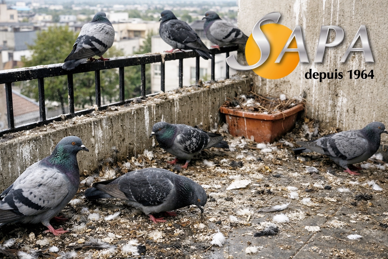 Accumulation de fientes de pigeons sur une façade avant intervention de dépigeonnage à Vallet