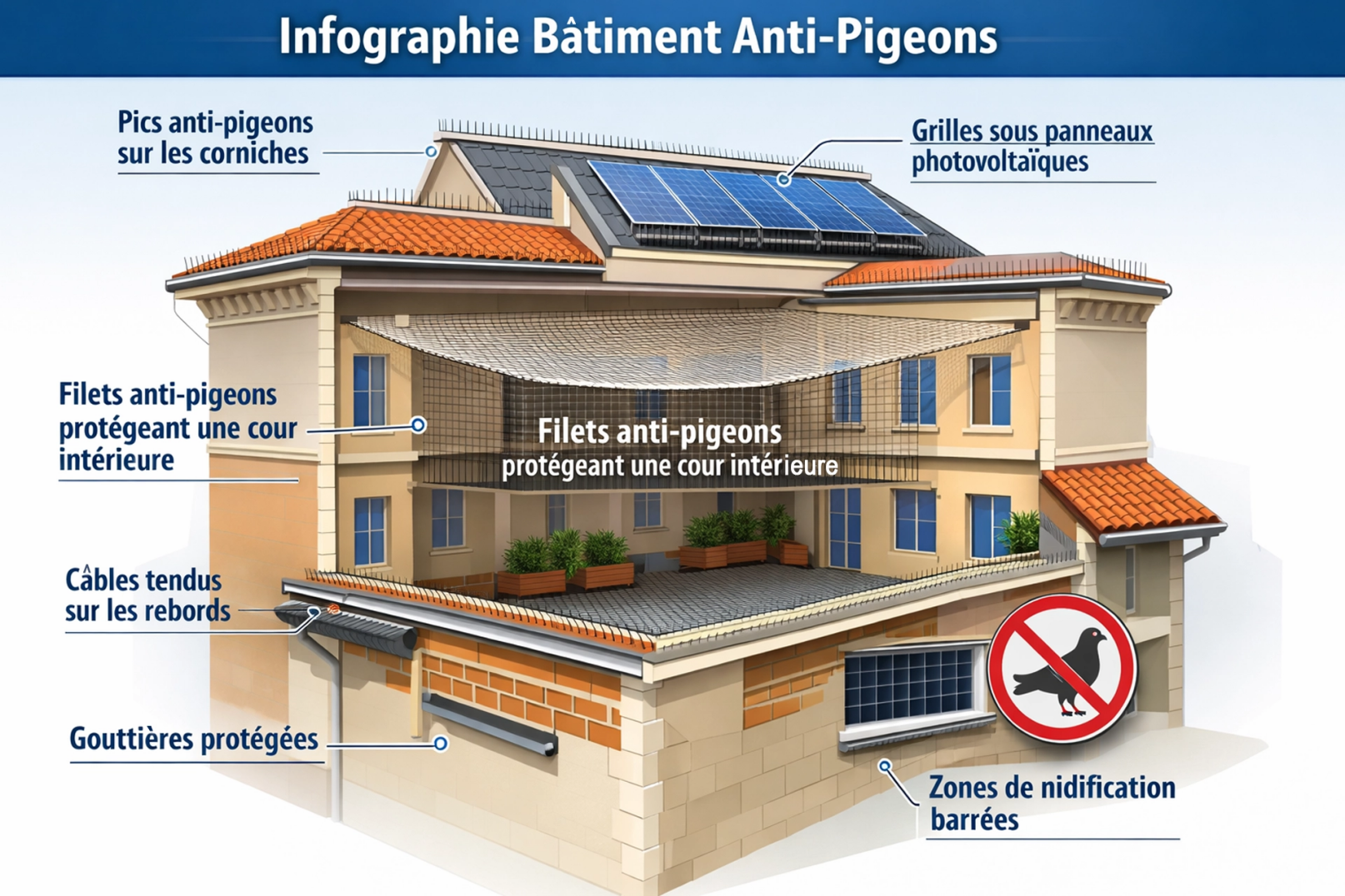Illustration technique d’un bâtiment équipé de dispositifs anti‑pigeons à Saint‑Nazaire