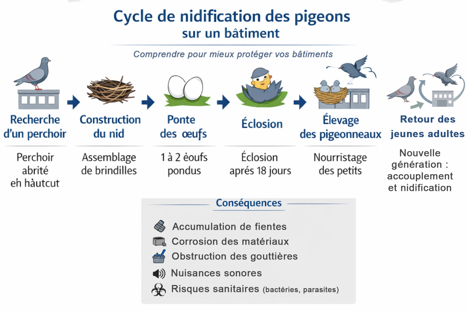 Infographie expliquant le cycle de nidification des pigeons sur un bâtiment