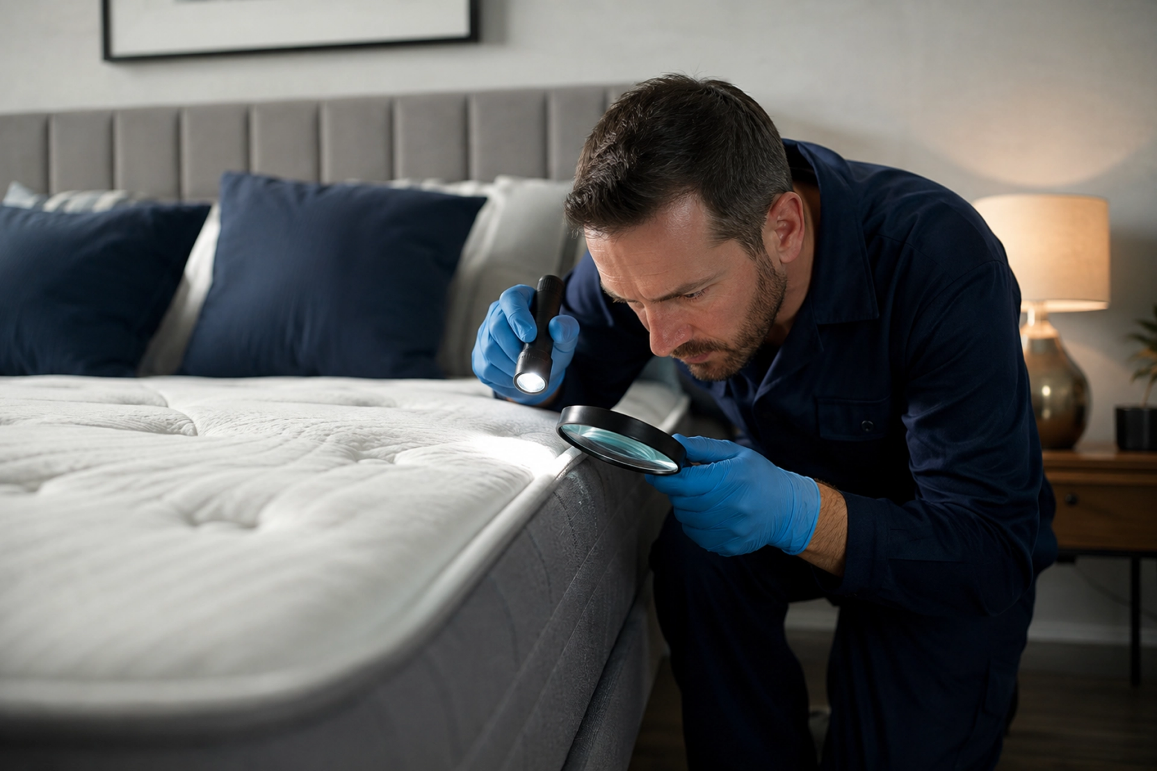 Technicien réalisant une inspection professionnelle de punaises de lit sur un matelas et un sommier