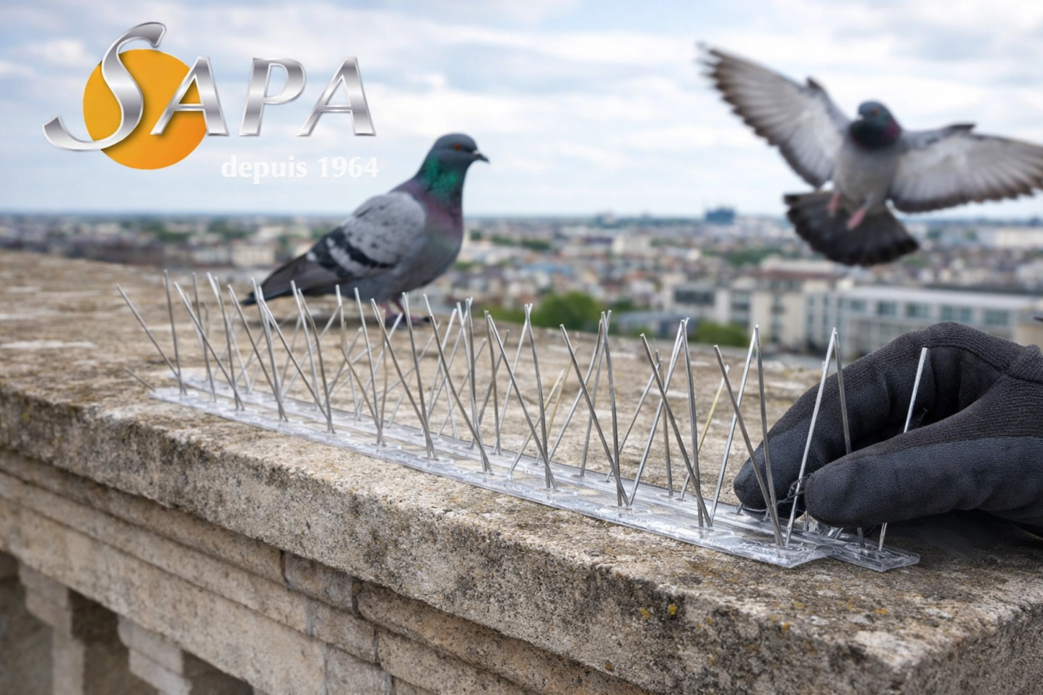 Installation de pics anti-pigeons sur une corniche