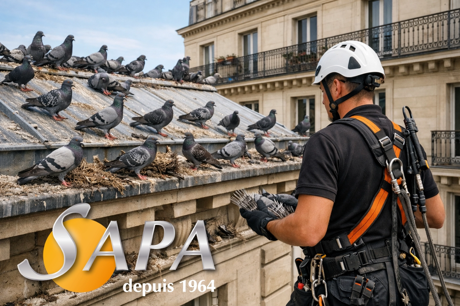 Technicien SAPA installant une protection anti-pigeons sur une toiture