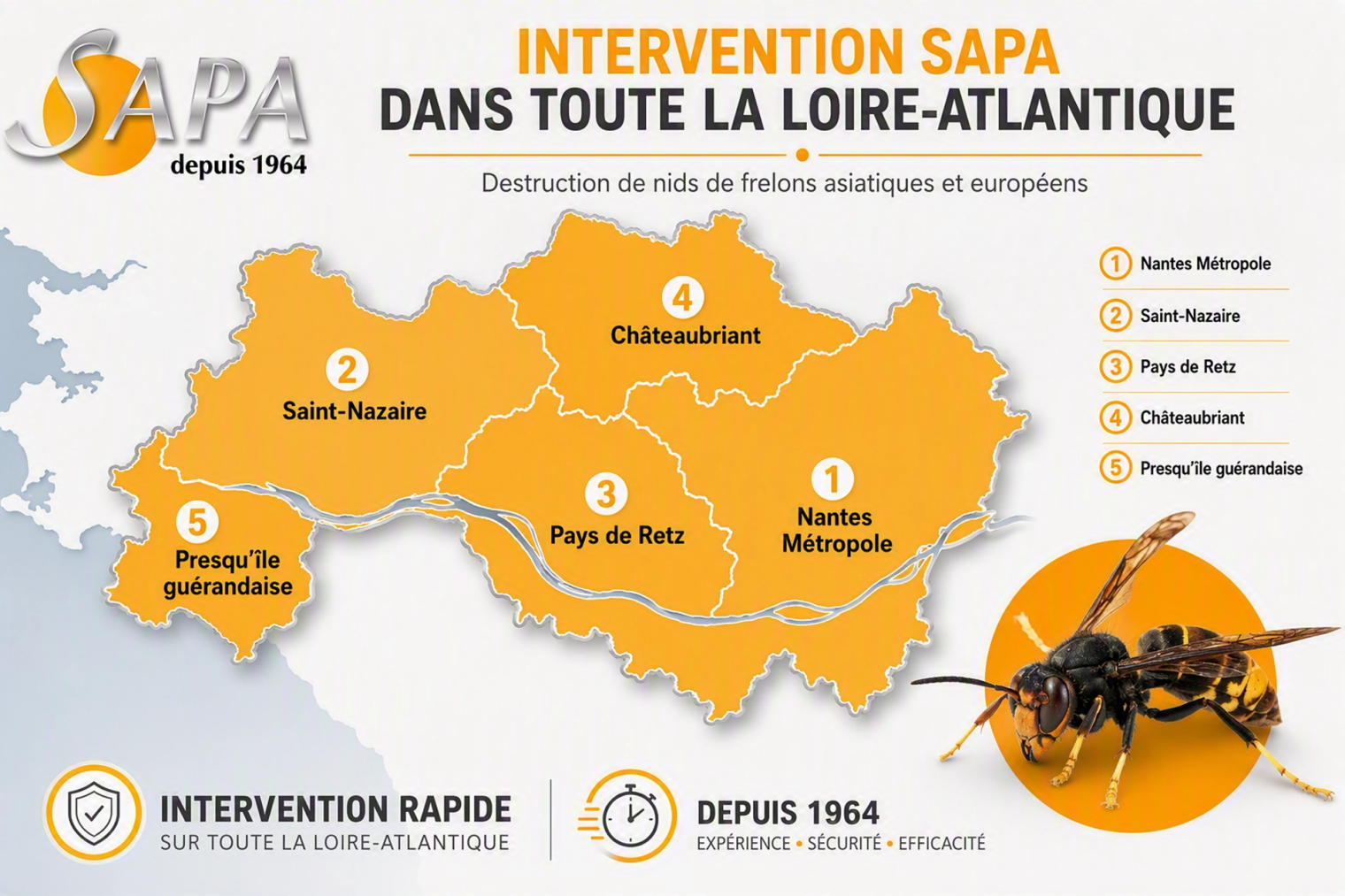 Secteur d'intervention SAPA pour la destruction de nids de frelons en Loire-Atlantique