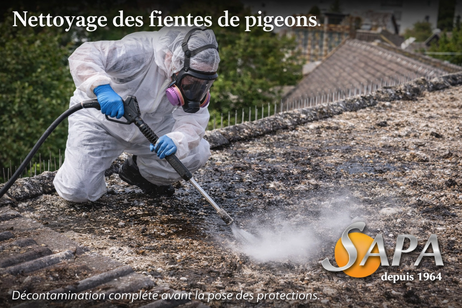 Nettoyage professionnel des fientes de pigeons sur une toiture