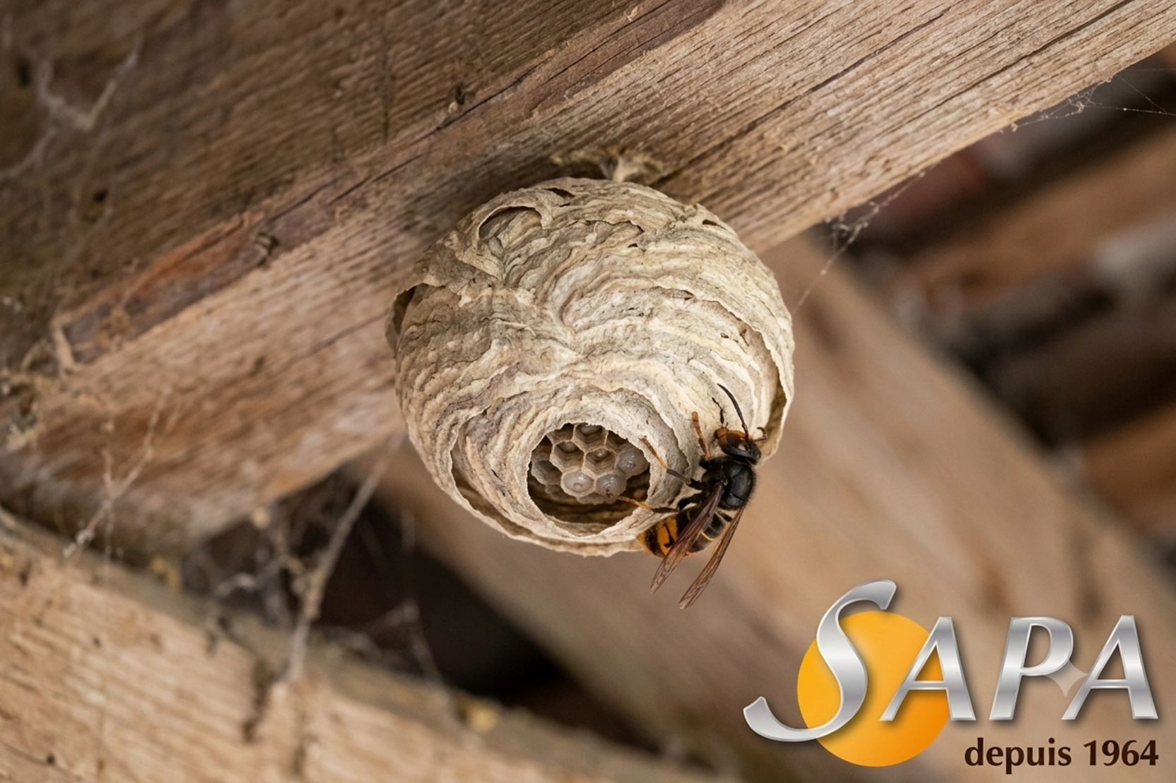Petit nid primaire sphérique de frelon asiatique construit au printemps par une reine sous une poutre en bois.
