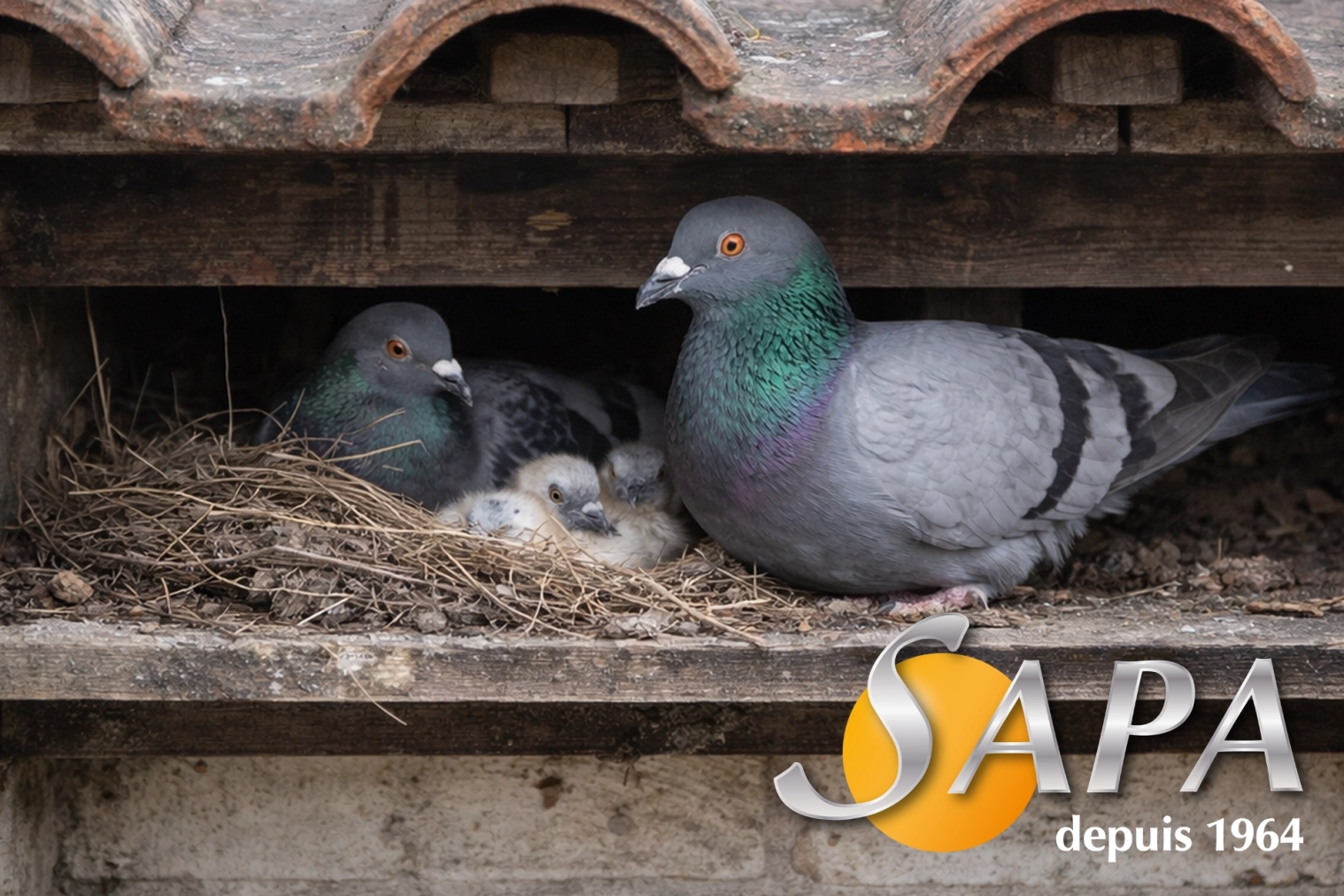Pigeons installés sur une toiture avant une intervention de dépigeonnage