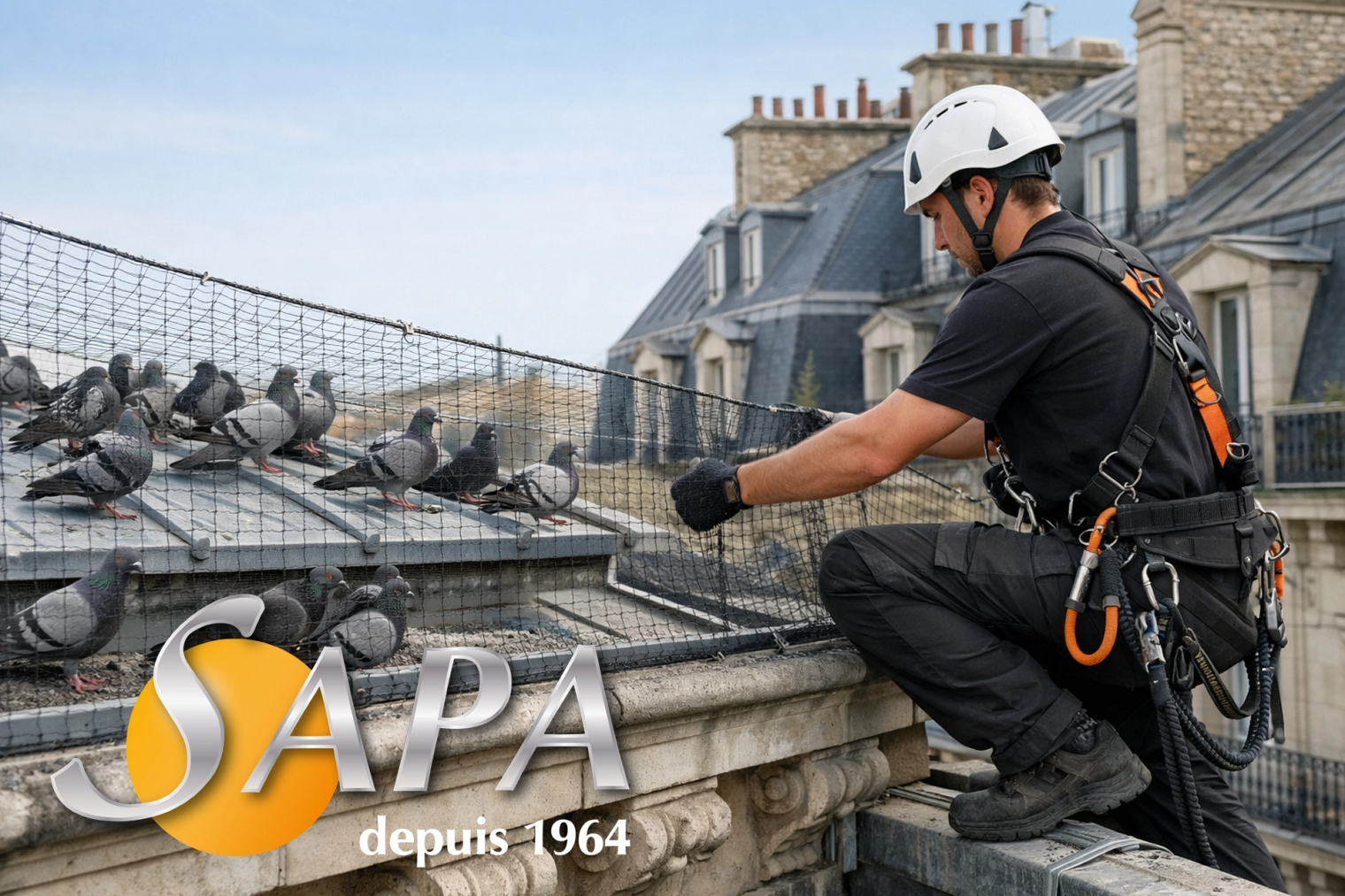 Pose d'un filet anti-pigeons sur un bâtiment