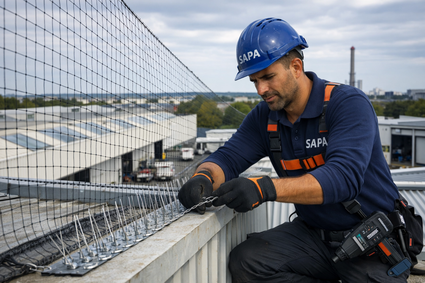 technicien SAPA installant des dispositifs anti‑pigeons sur la toiture d’un entrepôt à Carquefou, secteur Madeleine.