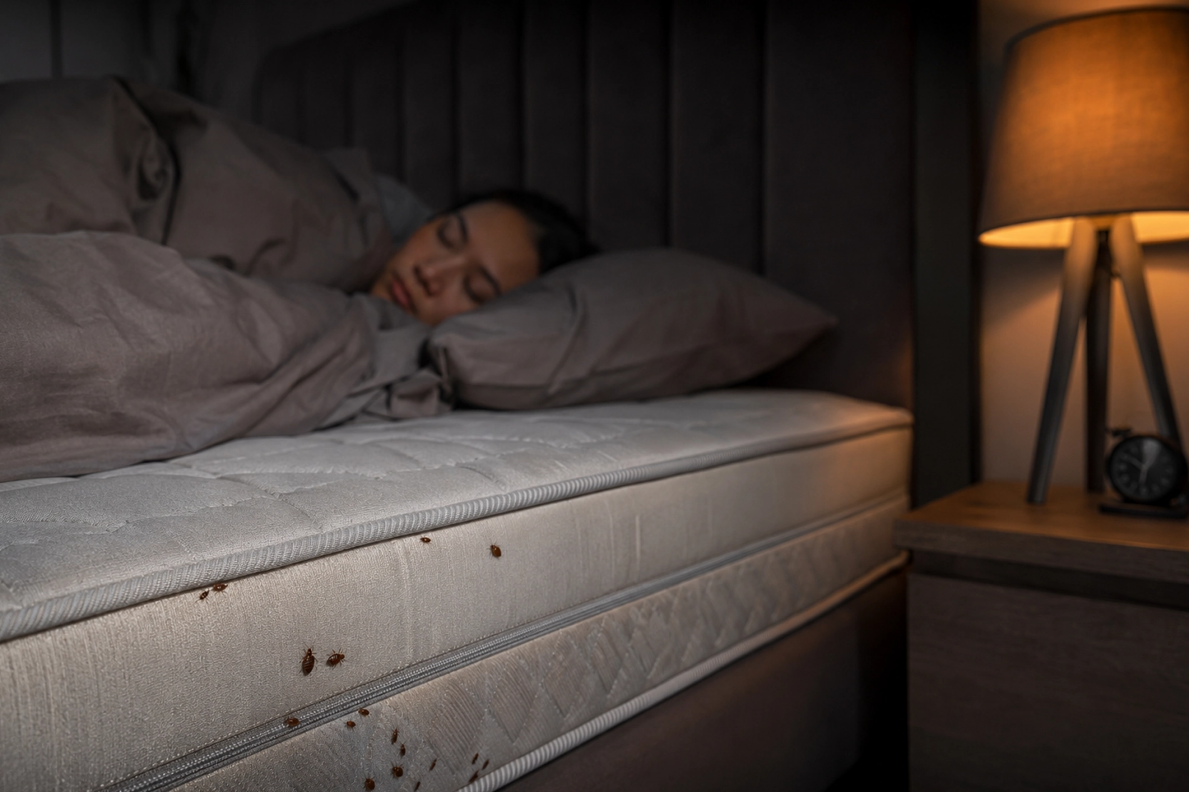 Scène nocturne montrant des punaises de lit sur un matelas dans une chambre à coucher
