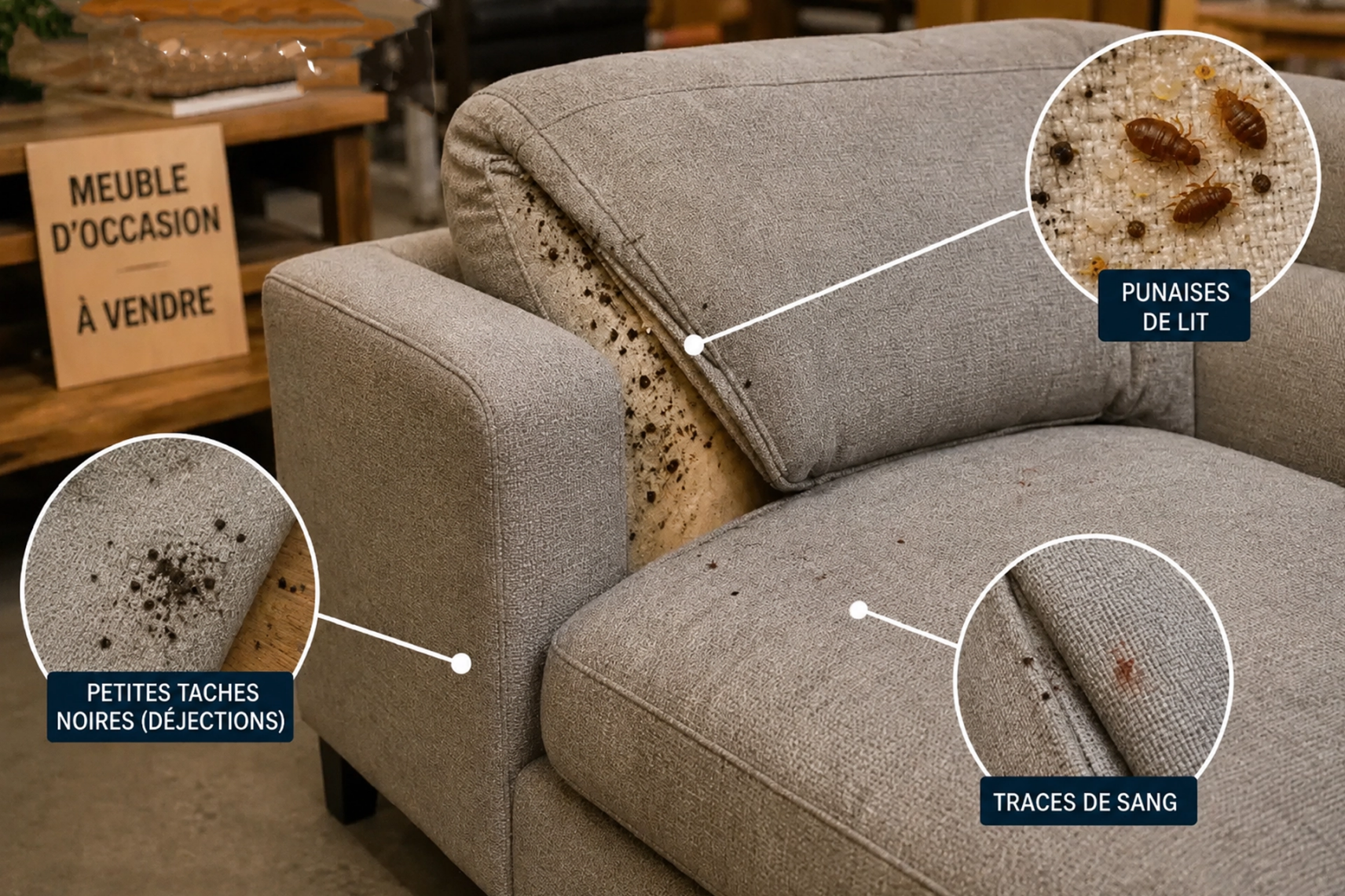 Punaises de lit cachées dans un canapé avec traces de déjections, taches de sang et insectes visibles sur les coutures.