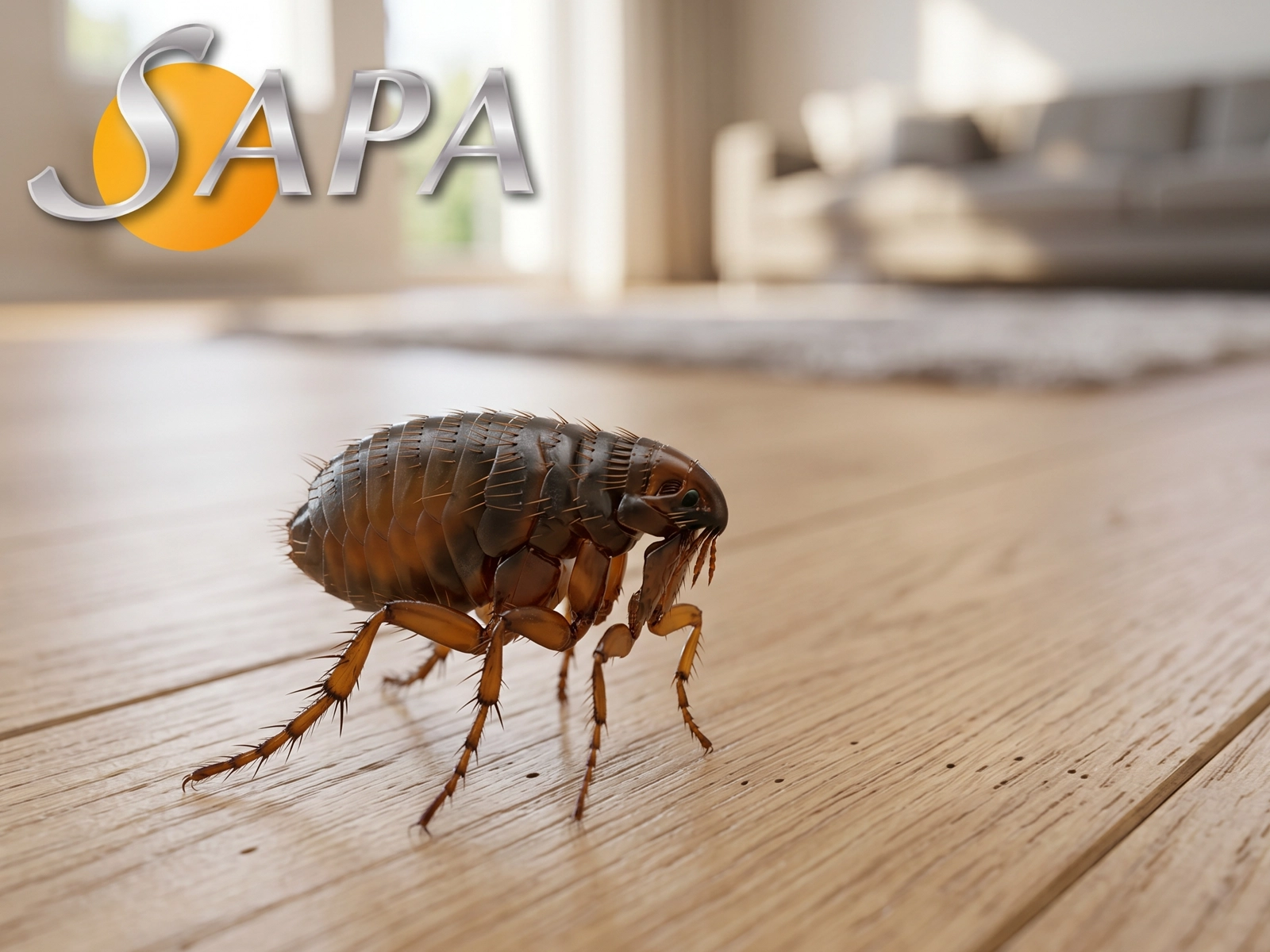 Gros plan macro d'une puce de plancher sur parquet en bois, illustrant les services de traitement anti-puces professionnels de SAPA pour maisons, appartements et locaux commerciaux