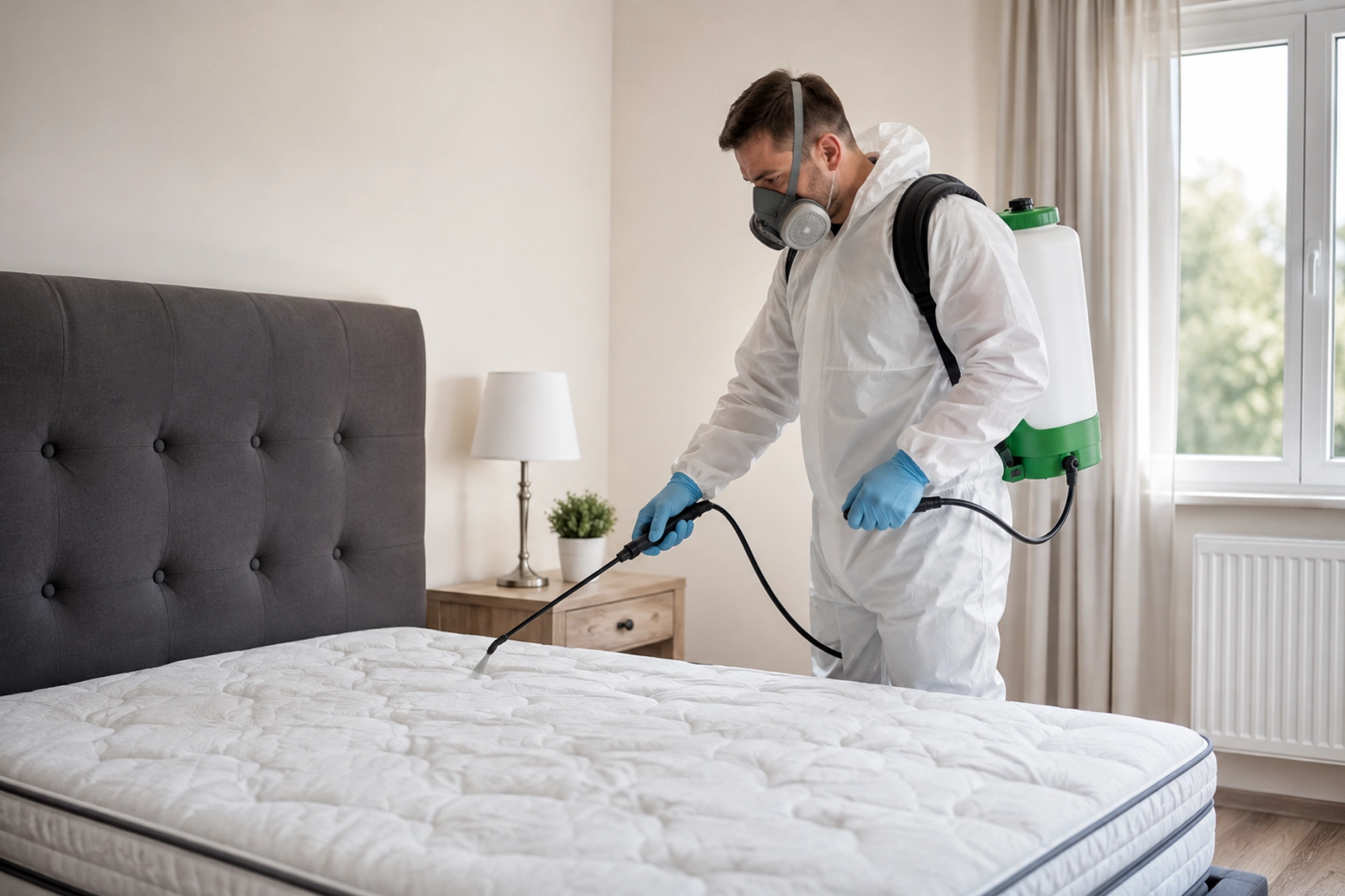 Technicien appliquant un traitement professionnel contre les punaises de lit dans une chambre