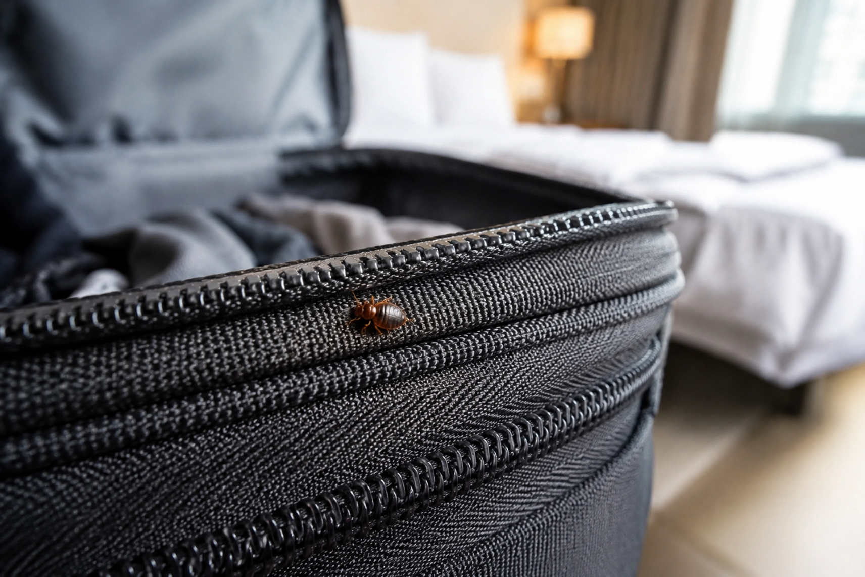 Punaise de lit visible dans les coutures d’une valise de voyage dans une chambre d’hôtel